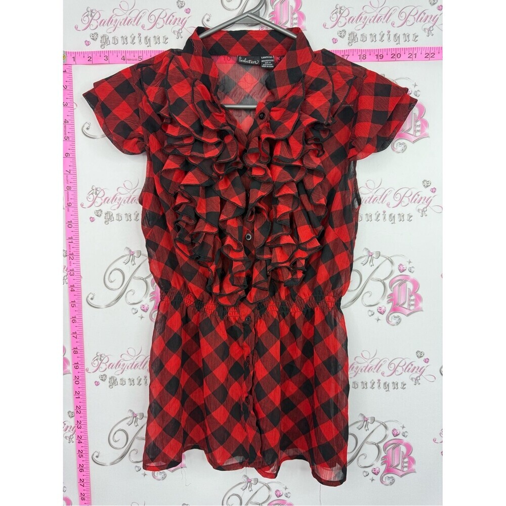 Seductions shirt y2k Red Plaid Ruffle Front Blouse ruffles